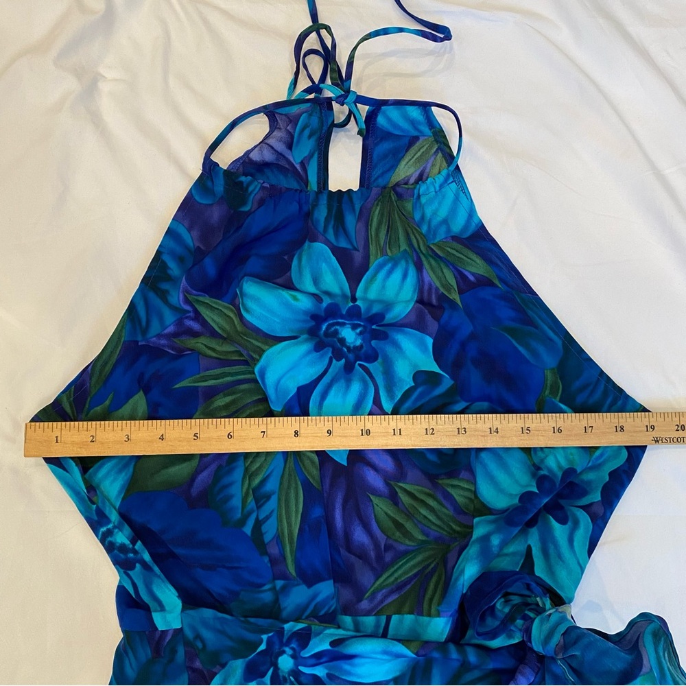 Vintage 90s Y2K Elegant Blue Floral Halter Dress with Front & Back Tie Detail - Picture 7 of 9